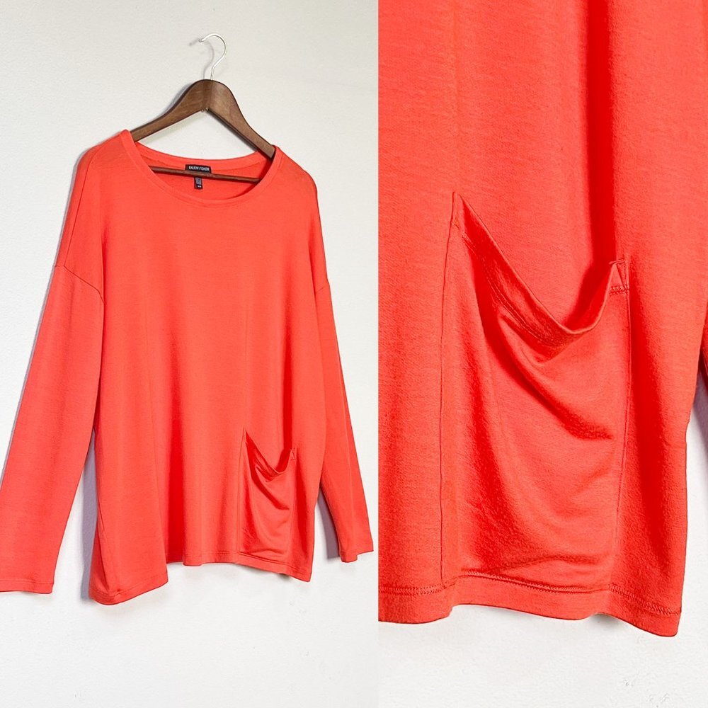 Eileen Fisher Tencel Stretch Terry Patch Pocket Long Sleeve Top Hot Red Orange M - Picture 12 of 15